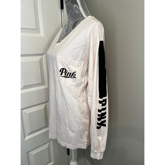 Victoria’s Secret PINK Long Sleeve Tee Light Pink Black  Large L - Picture 1 of 6